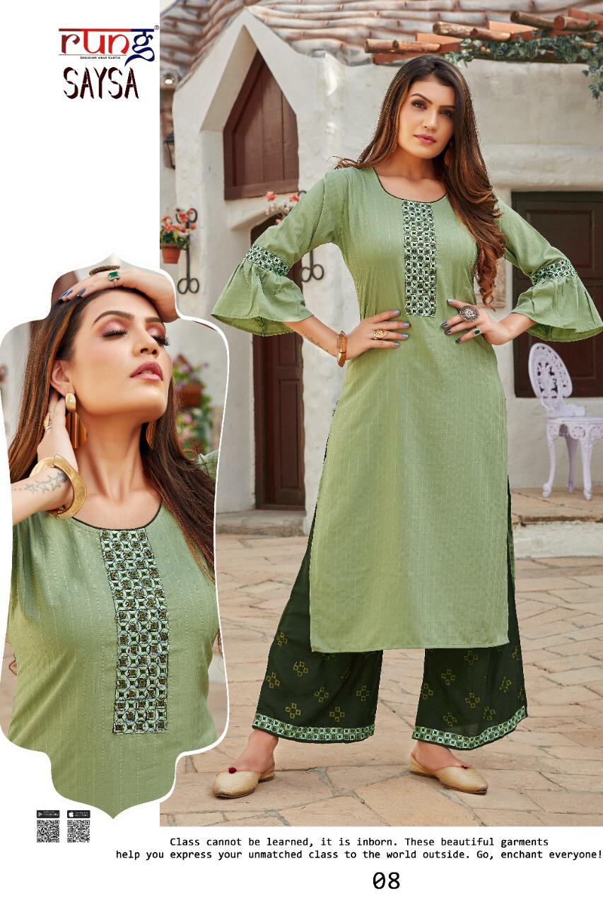 Rung Sasya Heavy Slub Latest Fancy Designer Casual Wear  Lining With heavy Hand Work Rayon With Embroidery Work Western Kurti With Bottom Collection